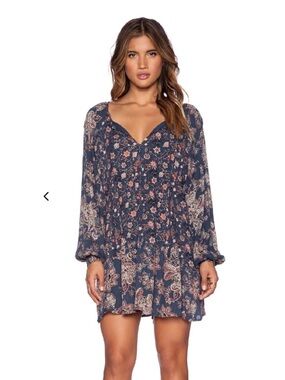 Free People Lucky Loosey Floral Mini Dress Indigo Pink Small